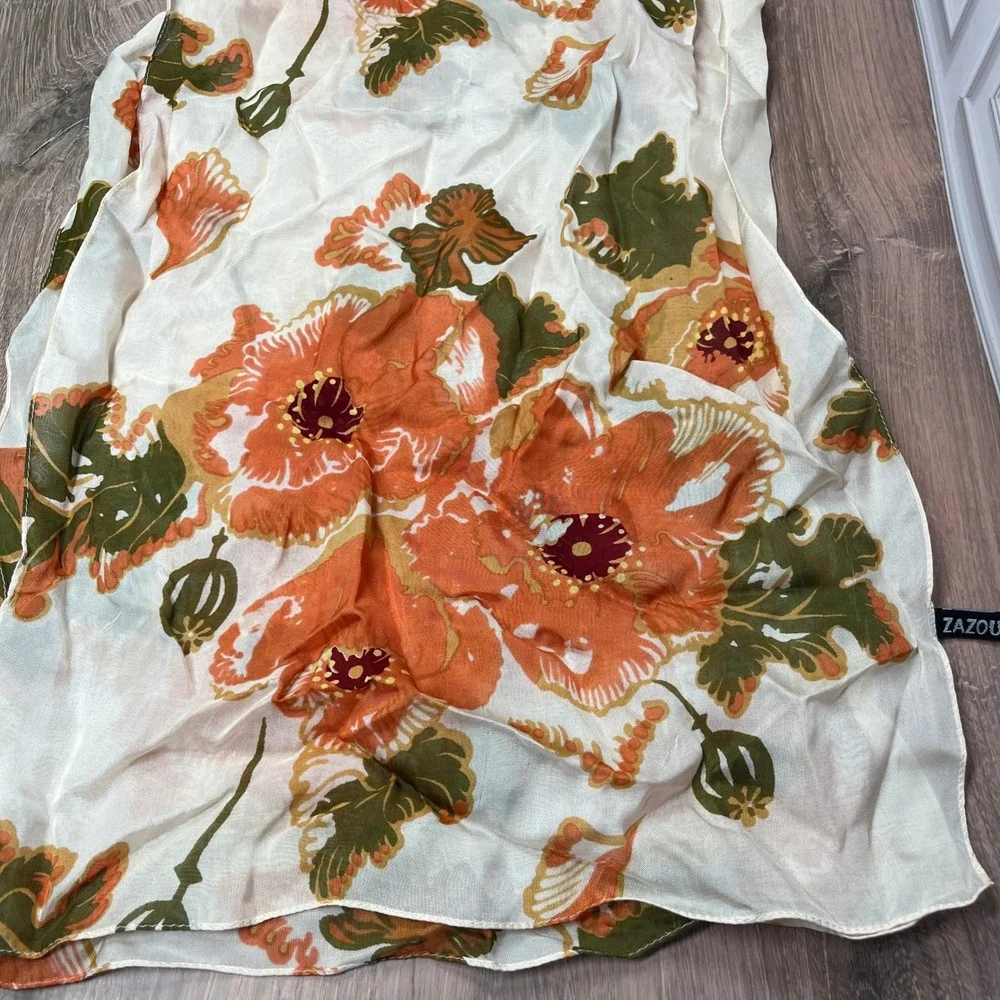 Zazou Floral Poppy Scarf Womens Orange Cream Sheer Rayon Rectangular Boho Wrap